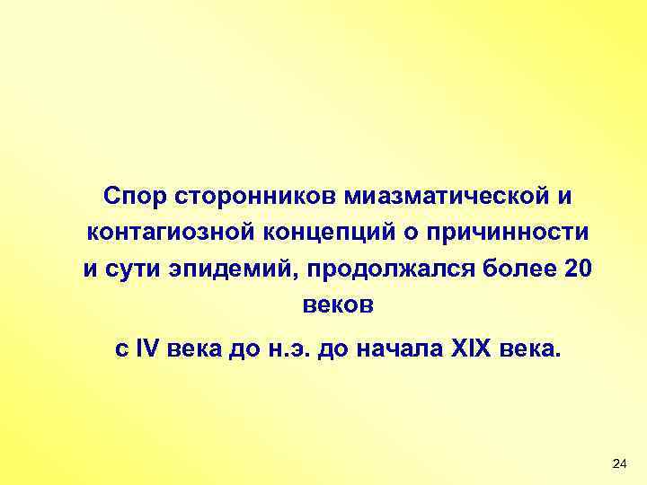 Спор сторонников миазматической и контагиозной концепций о причинности и сути эпидемий, продолжался более 20