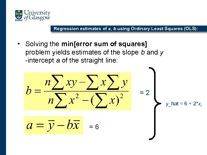 Regression estimates of a, b using Ordinary Least Squares (OLS): • Solving the min[error