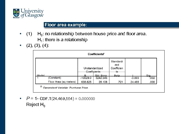 Floor area example: • • • (1) H 0: no relationship between house price