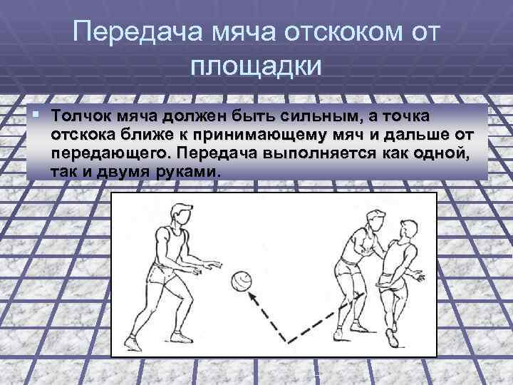 Передача мяча отскоком от площадки § Толчок мяча должен быть сильным, а точка отскока