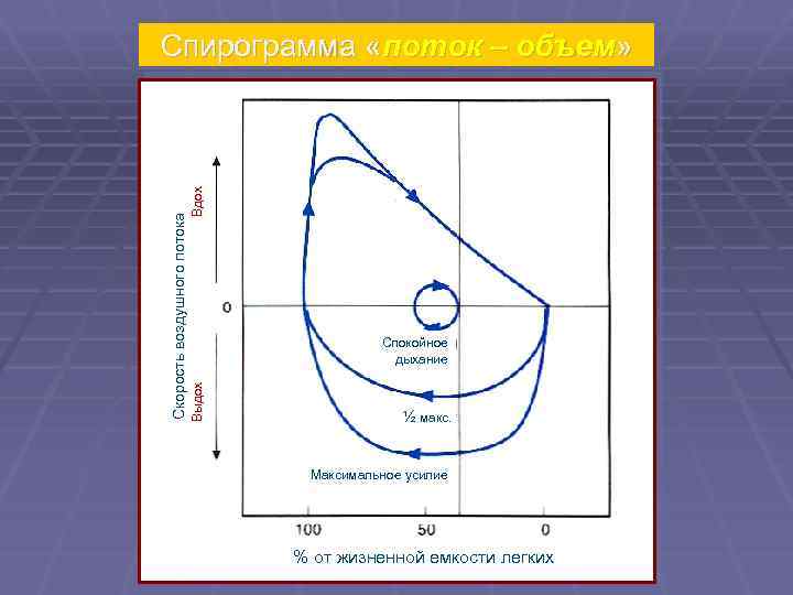 Вдох Спокойное дыхание Выдох Скорость воздушного потока Спирограмма «поток – объем» ½ макс. Максимальное