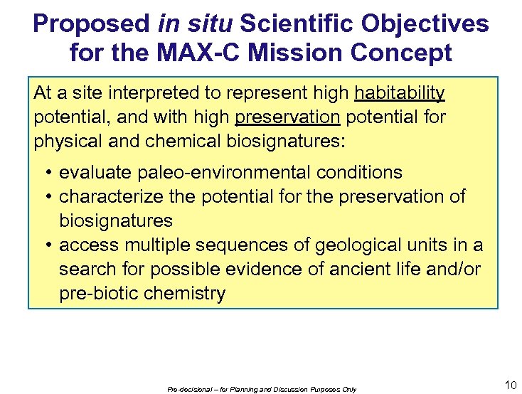 Proposed in situ Scientific Objectives for the MAX-C Mission Concept At a site interpreted