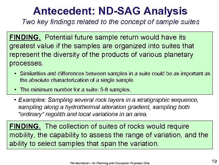 Antecedent: ND-SAG Analysis Two key findings related to the concept of sample suites FINDING.
