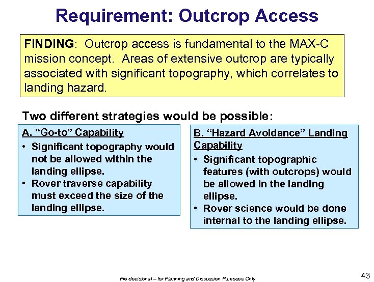 Requirement: Outcrop Access FINDING: Outcrop access is fundamental to the MAX-C mission concept. Areas