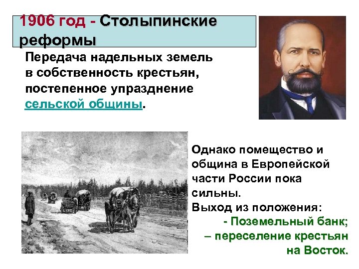 1906 год - Столыпинские реформы Передача надельных земель в собственность крестьян, постепенное упразднение сельской