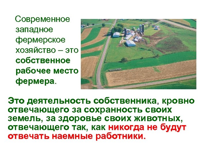 Современное западное фермерское хозяйство – это собственное рабочее место фермера. Это деятельность собственника, кровно
