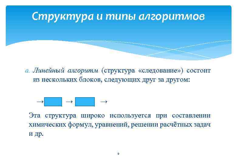 Структура и типы алгоритмов a. Линейный алгоритм (структура «следование» ) состоит из нескольких блоков,