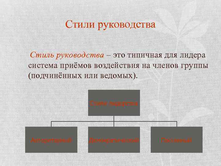 Стили руководства Стиль руководства – это типичная для лидера система приёмов воздействия на членов