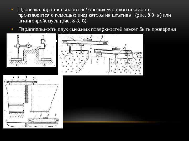  • Проверка параллельности небольших участков плоскости производится с помощью индикатора на штативе (рис.
