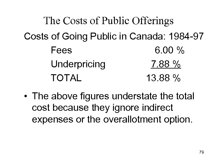 The Costs of Public Offerings Costs of Going Public in Canada: 1984 -97 Fees