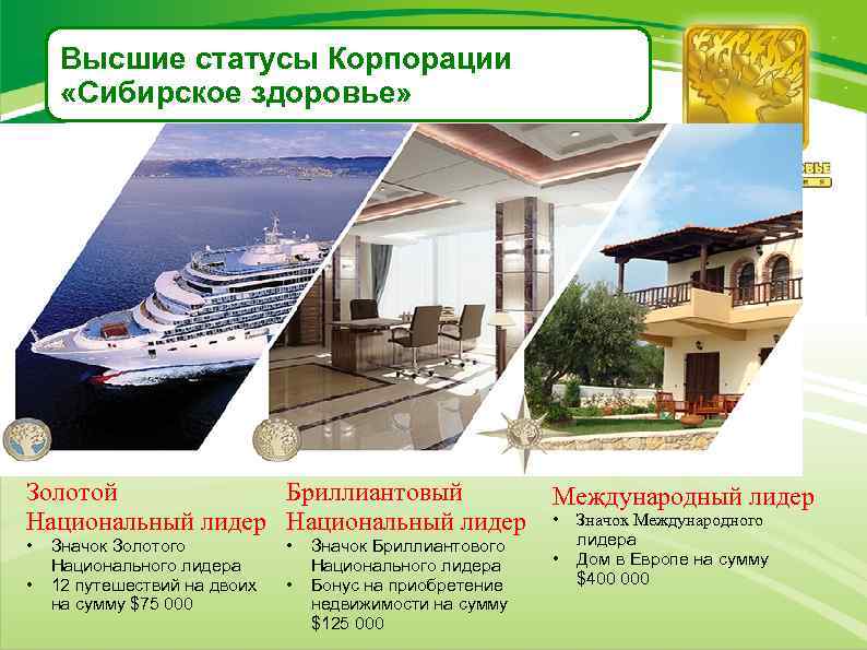 Высшие статусы Корпорации «Сибирское здоровье» Золотой Бриллиантовый Национальный лидер • • Значок Золотого Национального
