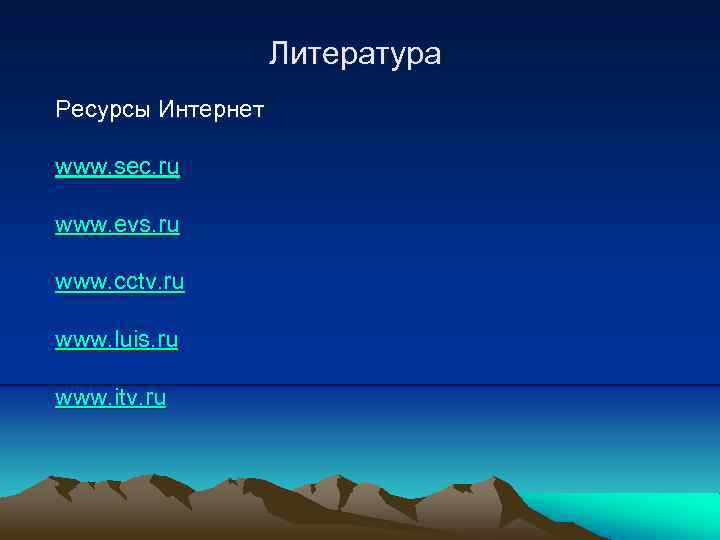 Литература Ресурсы Интернет www. sec. ru www. evs. ru www. cctv. ru www. luis.