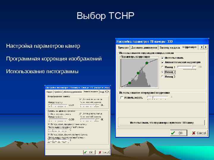 Выбор ТСНР Настройка параметров камер Программная коррекция изображений Использование гистограммы 