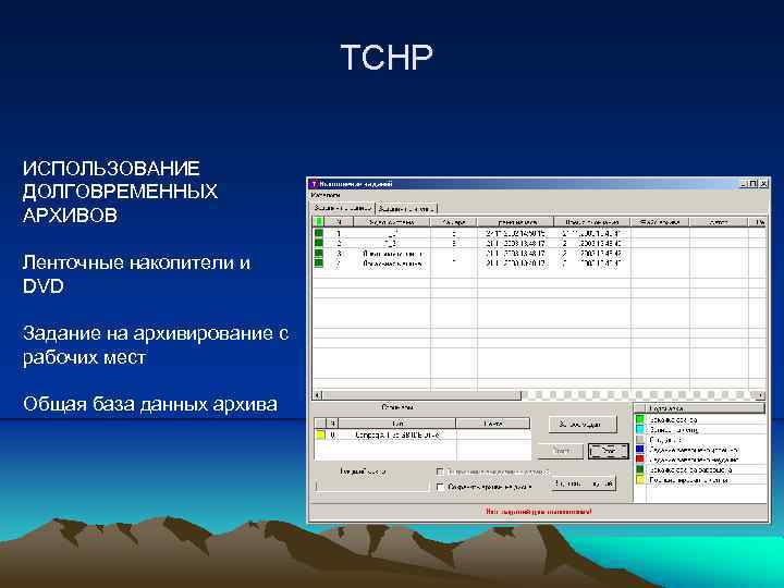 ТСНР ИСПОЛЬЗОВАНИЕ ДОЛГОВРЕМЕННЫХ АРХИВОВ Ленточные накопители и DVD Задание на архивирование с рабочих мест