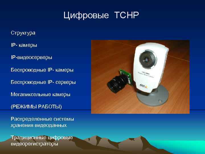 Цифровые ТСНР Структура IP- камеры IP-видеосерверы Беспроводные IP- камеры Беспроводные IP- серверы Мегапиксельные камеры