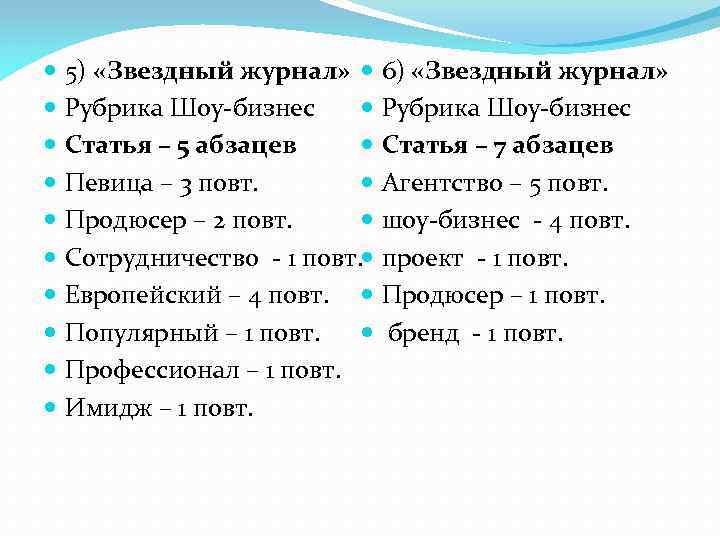  5) «Звездный журнал» 6) «Звездный журнал» Рубрика Шоу-бизнес Статья – 5 абзацев Статья