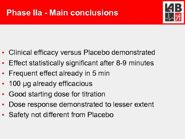 Phase IIa - Main conclusions ▪ ▪ ▪ ▪ Clinical efficacy versus Placebo demonstrated