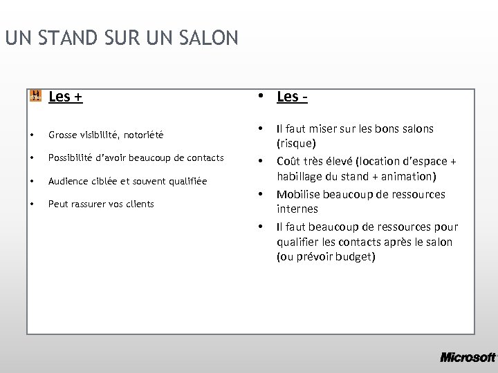 UN STAND SUR UN SALON Les + • Grosse visibilité, notoriété • Possibilité d’avoir