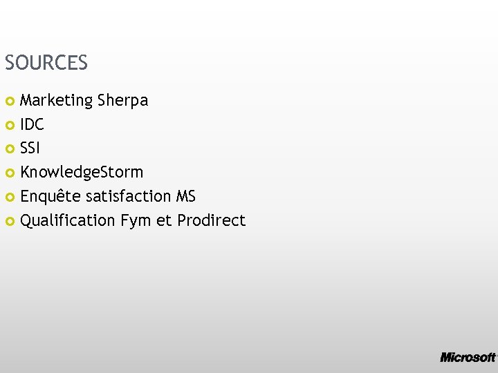 SOURCES Marketing Sherpa IDC SSI Knowledge. Storm Enquête satisfaction MS Qualification Fym et Prodirect