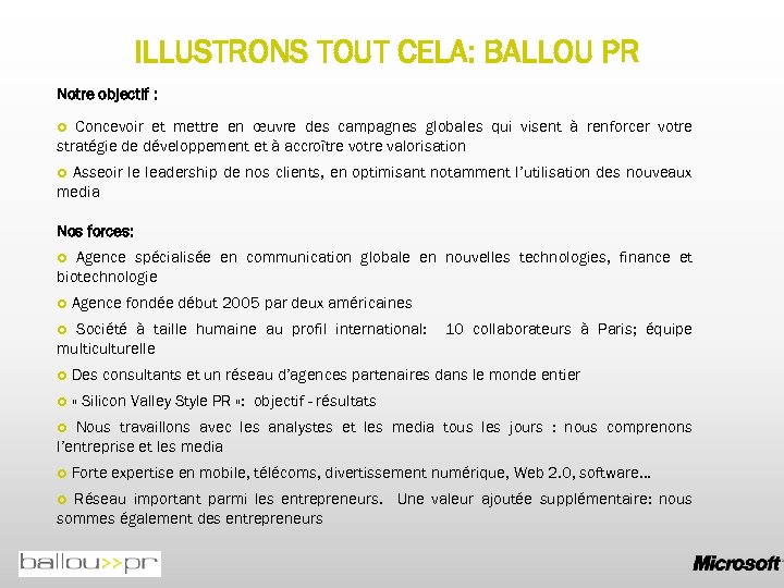 ILLUSTRONS TOUT CELA: BALLOU PR Notre objectif : Concevoir et mettre en œuvre des