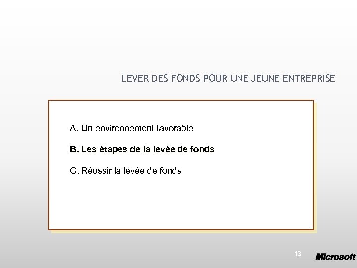 LEVER DES FONDS POUR UNE JEUNE ENTREPRISE A. Un environnement favorable B. Les étapes