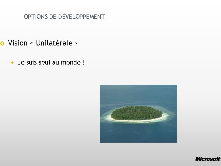  OPTIONS DE DÉVELOPPEMENT Vision « Unilatérale » Je suis seul au monde !