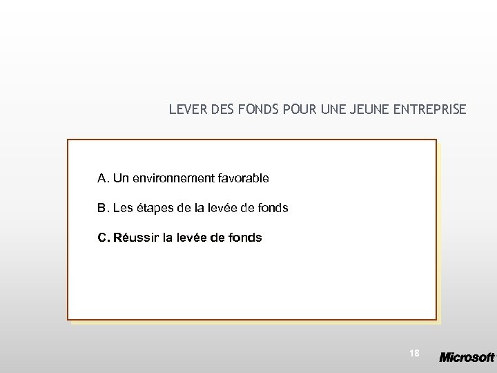LEVER DES FONDS POUR UNE JEUNE ENTREPRISE A. Un environnement favorable B. Les étapes