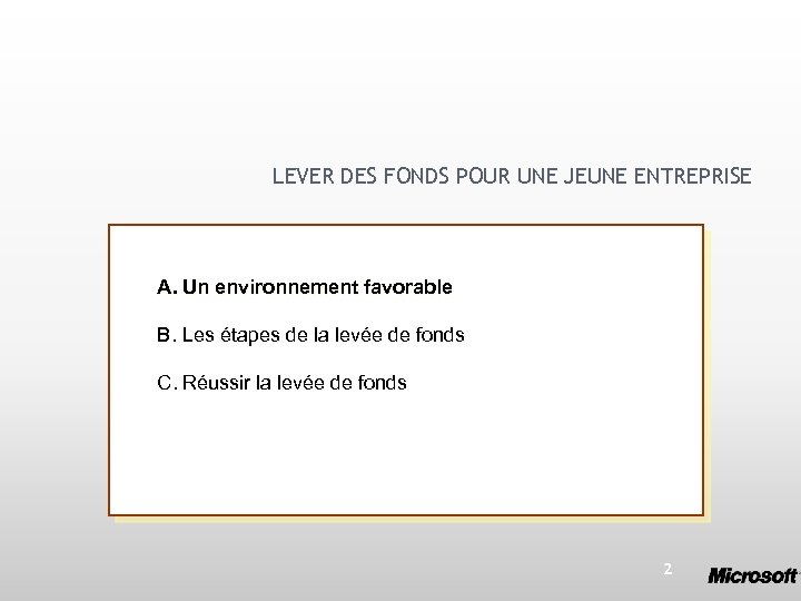 LEVER DES FONDS POUR UNE JEUNE ENTREPRISE A. Un environnement favorable B. Les étapes