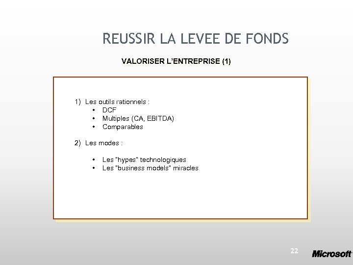 REUSSIR LA LEVEE DE FONDS VALORISER L’ENTREPRISE (1) 1) Les outils rationnels : •