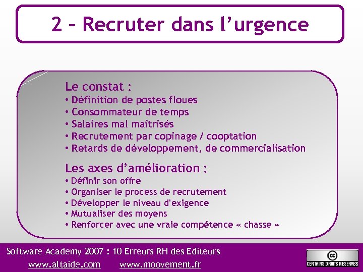 2 – Recruter dans l’urgence Le constat : • Définition de postes floues •