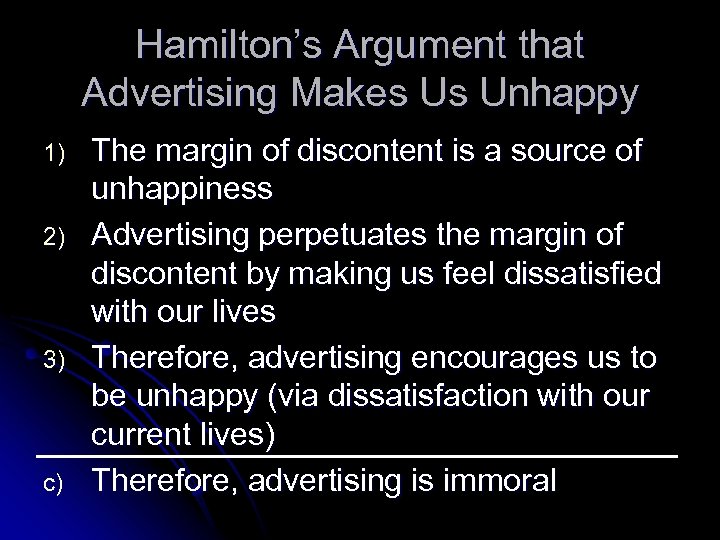 Hamilton’s Argument that Advertising Makes Us Unhappy 1) 2) 3) c) The margin of