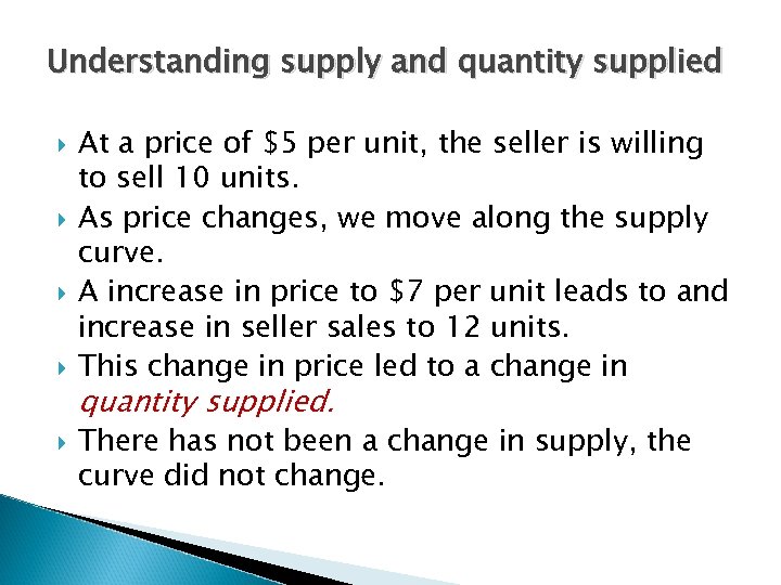 Understanding supply and quantity supplied At a price of $5 per unit, the seller