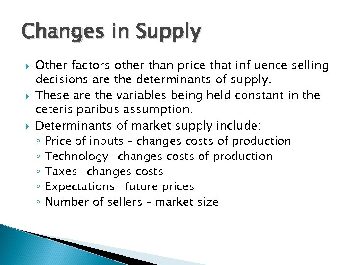 Changes in Supply Other factors other than price that influence selling decisions are the