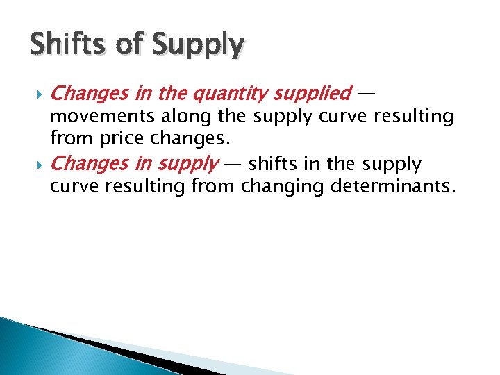Shifts of Supply Changes in the quantity supplied — movements along the supply curve