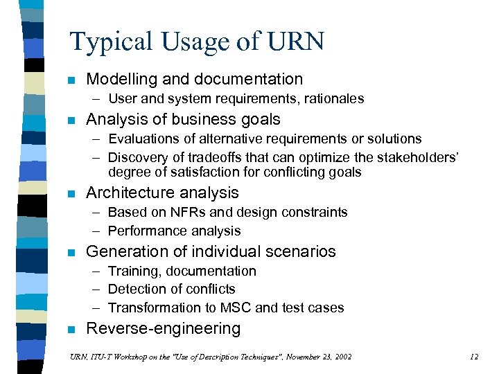 Typical Usage of URN n Modelling and documentation – User and system requirements, rationales