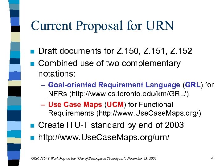 Current Proposal for URN n n Draft documents for Z. 150, Z. 151, Z.