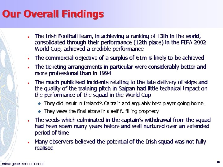 Our Overall Findings n n The Irish Football team, in achieving a ranking of