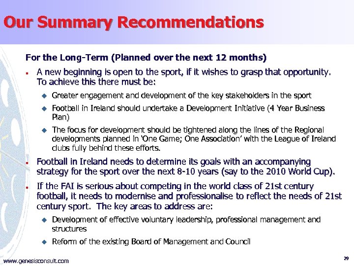 Our Summary Recommendations For the Long-Term (Planned over the next 12 months) n A