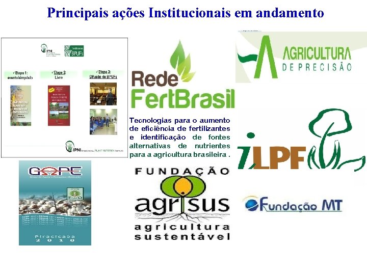 Principais ações Institucionais em andamento Tecnologias para o aumento de eficiência de fertilizantes e