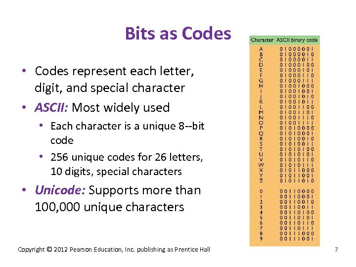 Bits as Codes • Codes represent each letter, digit, and special character • ASCII: