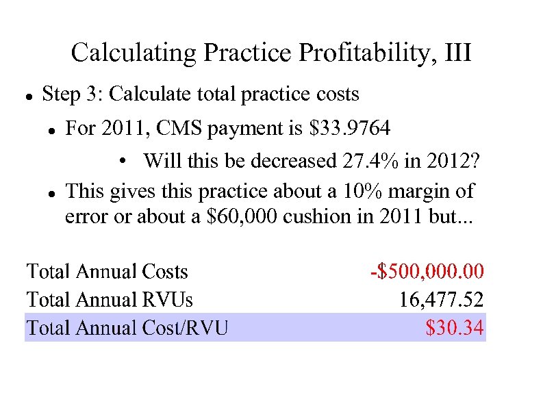 Calculating Practice Profitability, III Step 3: Calculate total practice costs For 2011, CMS payment