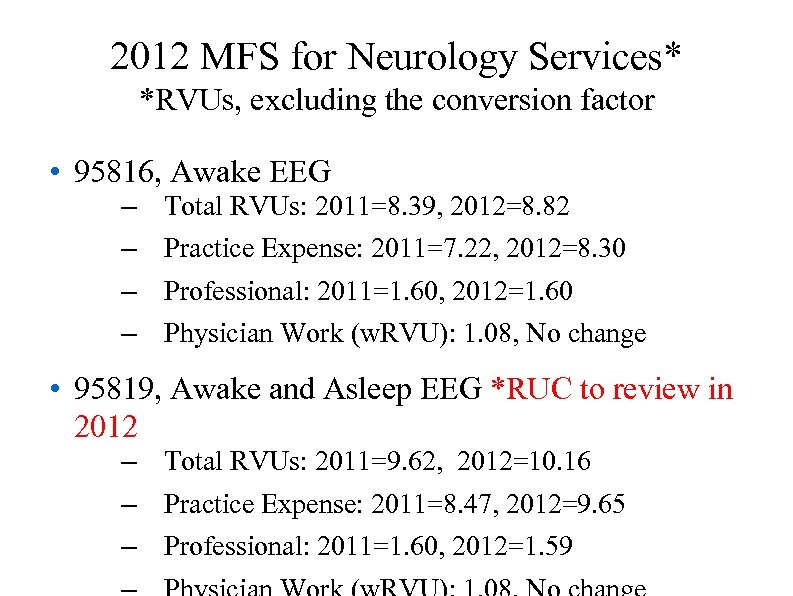 2012 MFS for Neurology Services* *RVUs, excluding the conversion factor • 95816, Awake EEG