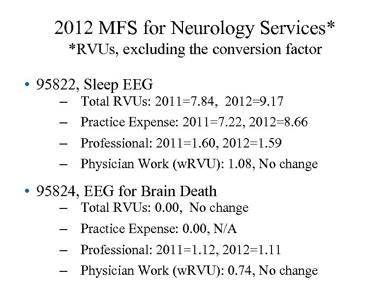 2012 MFS for Neurology Services* *RVUs, excluding the conversion factor • 95822, Sleep EEG