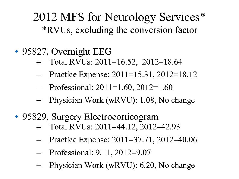 2012 MFS for Neurology Services* *RVUs, excluding the conversion factor • 95827, Overnight EEG