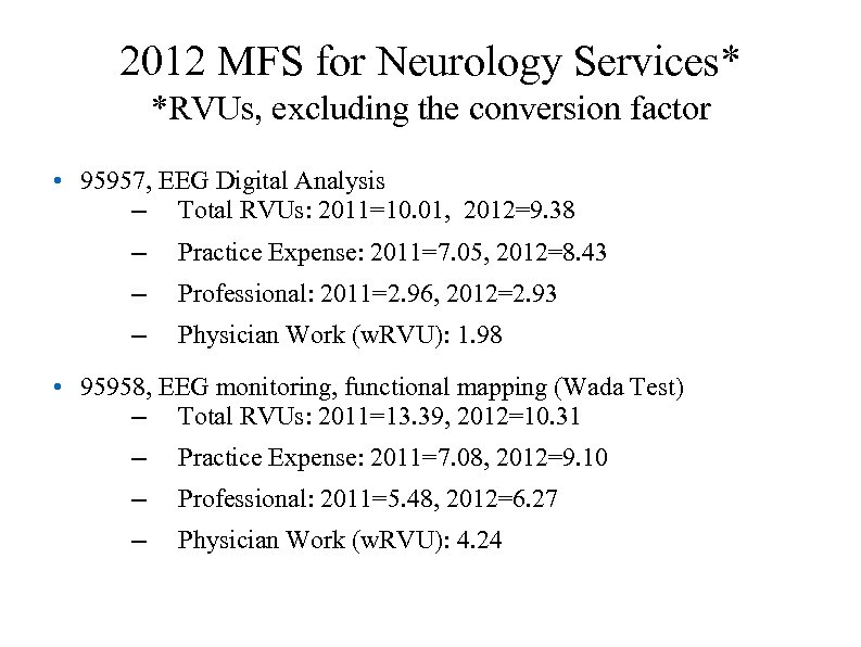 2012 MFS for Neurology Services* *RVUs, excluding the conversion factor • 95957, EEG Digital