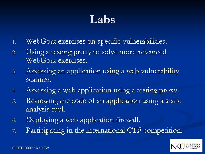 Labs 1. 2. 3. 4. 5. 6. 7. Web. Goat exercises on specific vulnerabilities.
