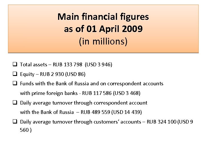 Main financial figures as of 01 April 2009 (in millions) q Total assets –