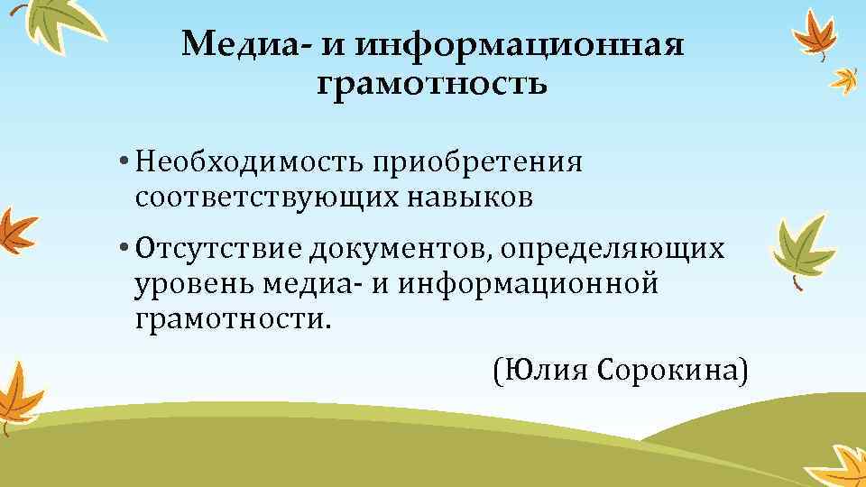 Медиа- и информационная грамотность • Необходимость приобретения соответствующих навыков • Отсутствие документов, определяющих уровень