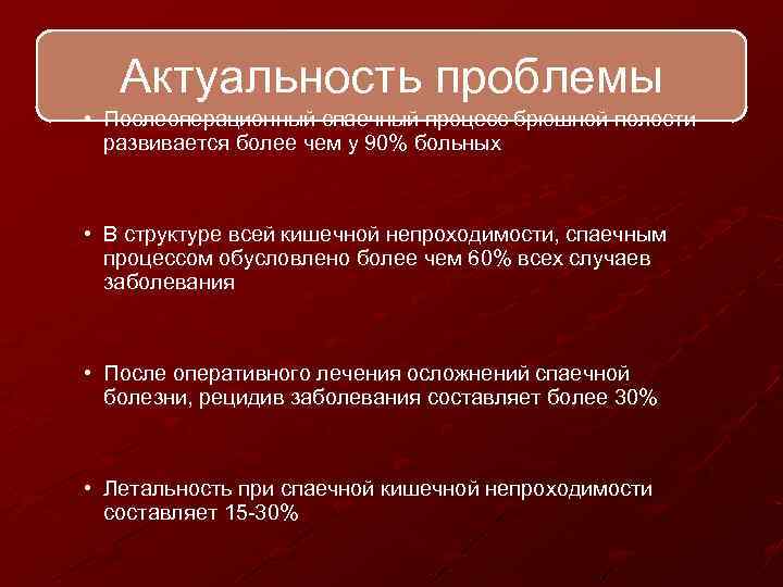 Актуальность проблемы • Послеоперационный спаечный процесс брюшной полости развивается более чем у 90% больных