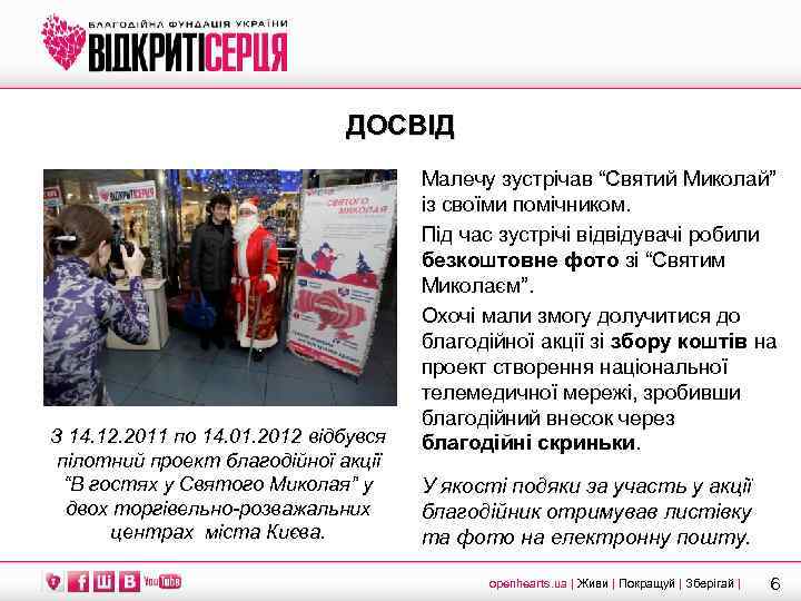 ДОСВІД З 14. 12. 2011 по 14. 01. 2012 відбувся пілотний проект благодійної акції